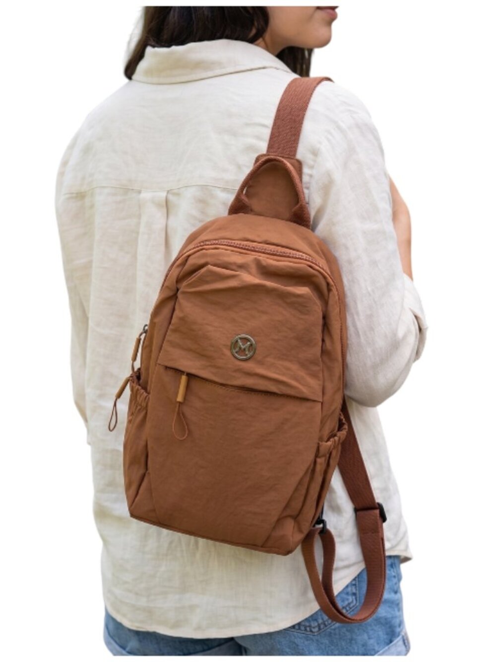 Nylon Convertible Backpack Sling Bag Casual Brown Mini Travel Daypack Adjustable